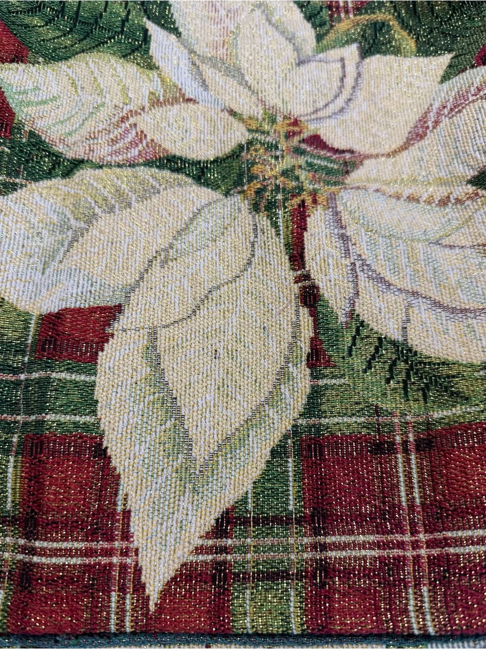Holiday Poinsettia Plaid Tapestry Table Runner Gold Thread 13x68